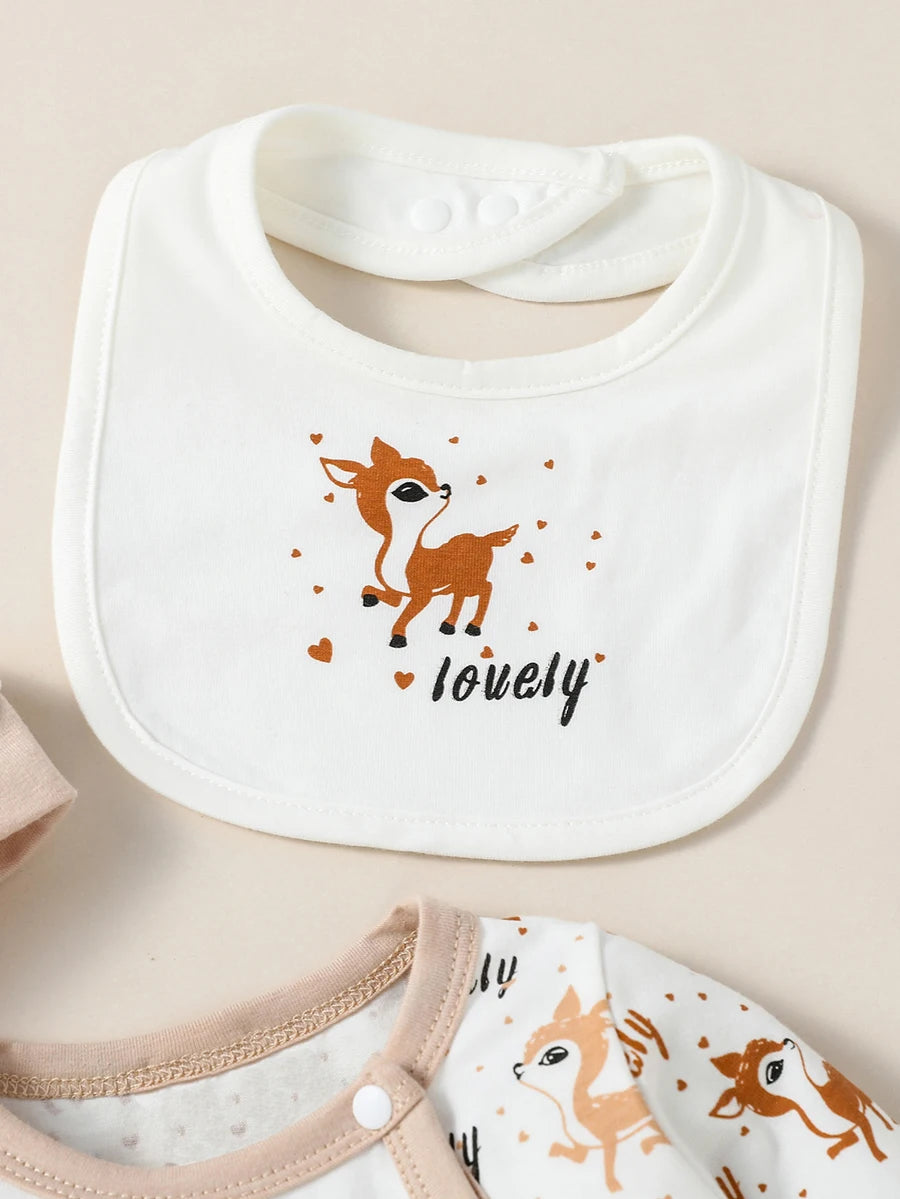 4 részes bébi unisex hosszú ujjú állatos szett (overall + előke + sapka + kesztyű)